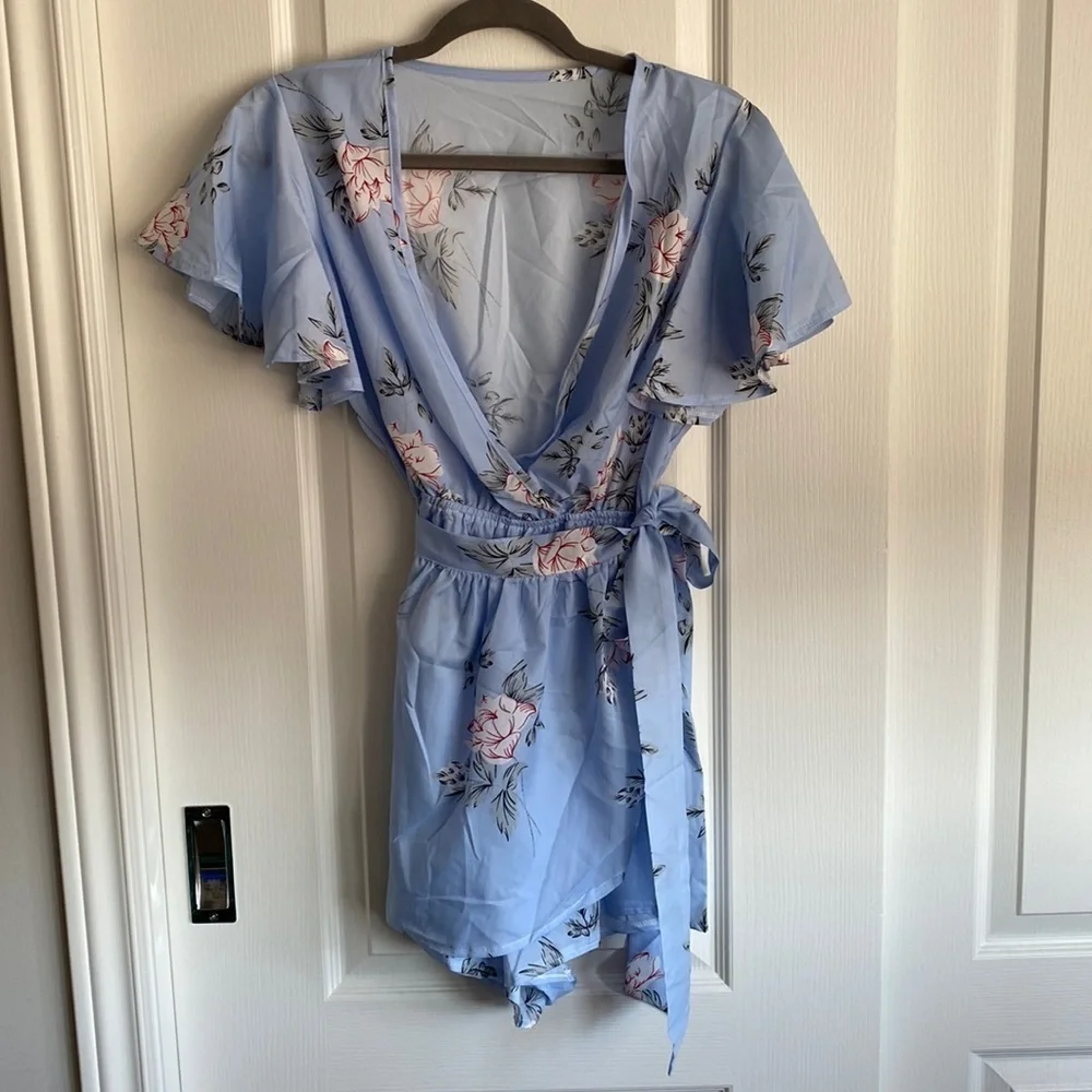 Blue Floral Faux Wrap Romper, NWOT - Picture 1 of 7